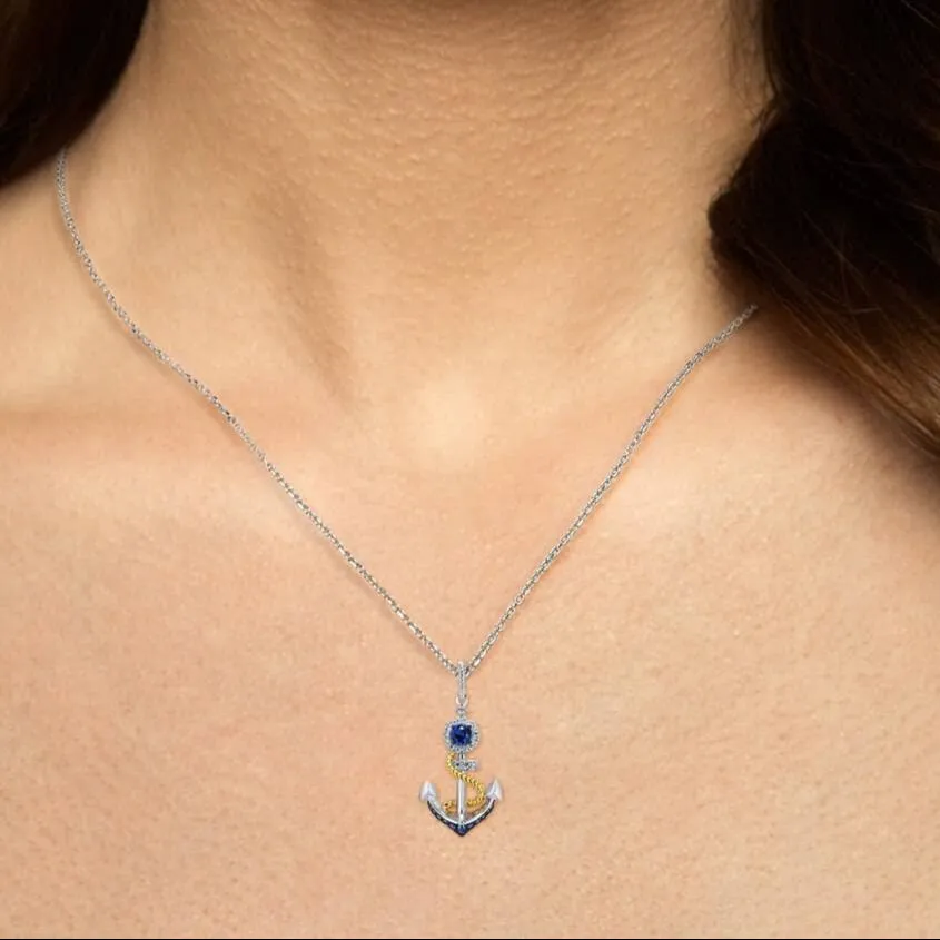 Delicate Anchor with Blue Diamonds Pendant