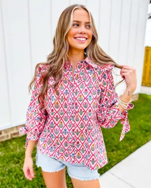 Diamond Pattern Floral Print Top