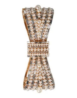 Dolce & Gabbana Gold Tone Brass Bow Crystal Fauxpearl Embellished Brooch