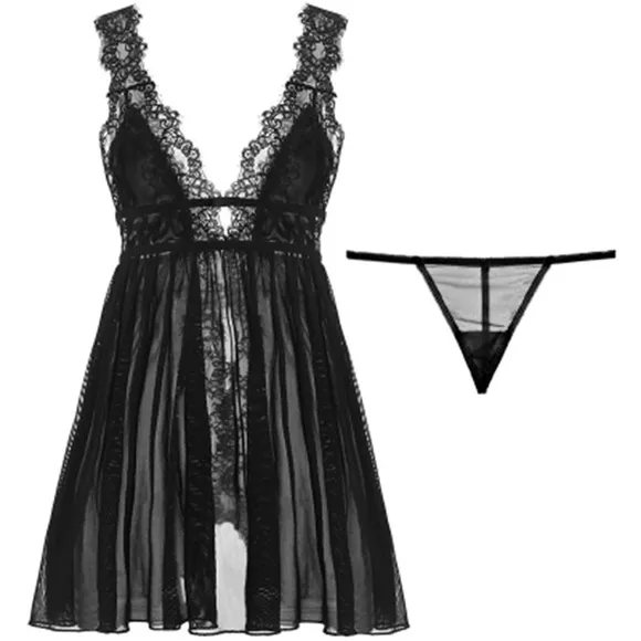 Dreamy Black Soft Stretch Lace Mesh Nightie