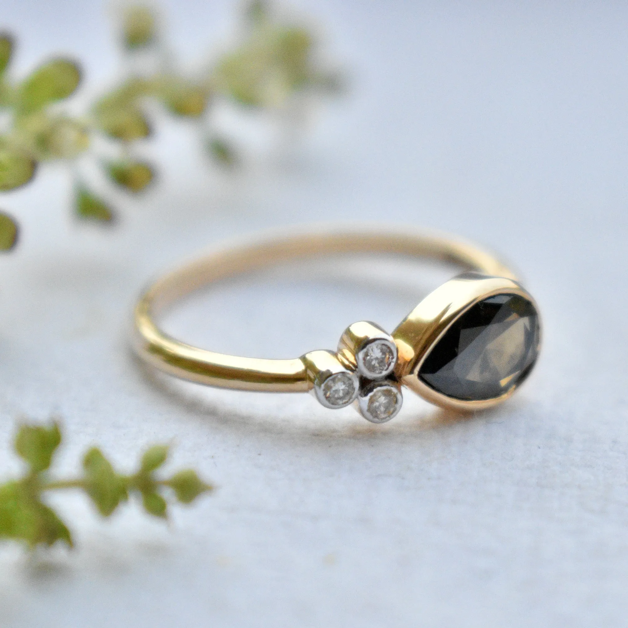 East West Brown Pear Diamond  with 3 Diamond Cluster Asymmetric Engagement Ring