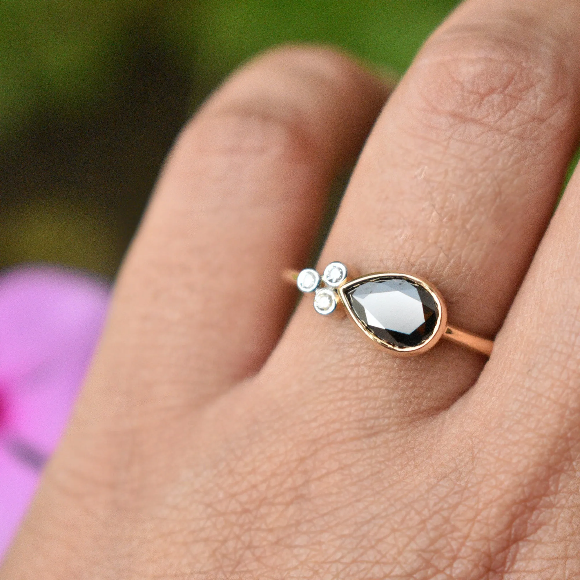 East West Brown Pear Diamond  with 3 Diamond Cluster Asymmetric Engagement Ring