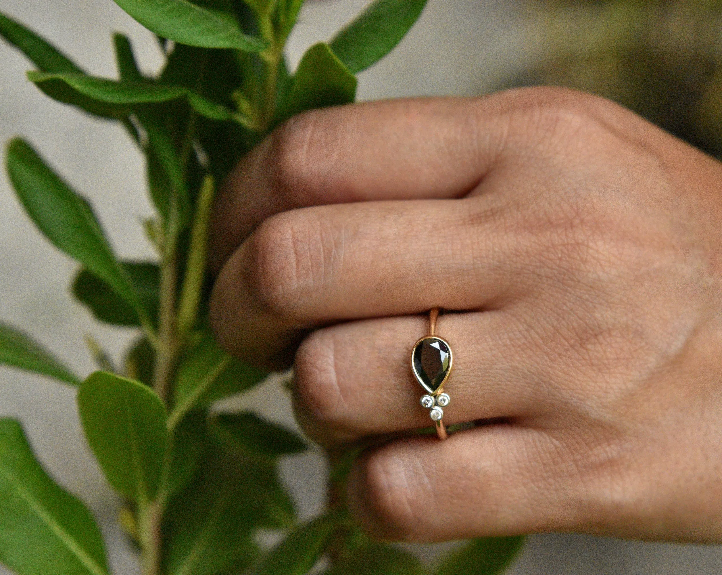 East West Brown Pear Diamond  with 3 Diamond Cluster Asymmetric Engagement Ring