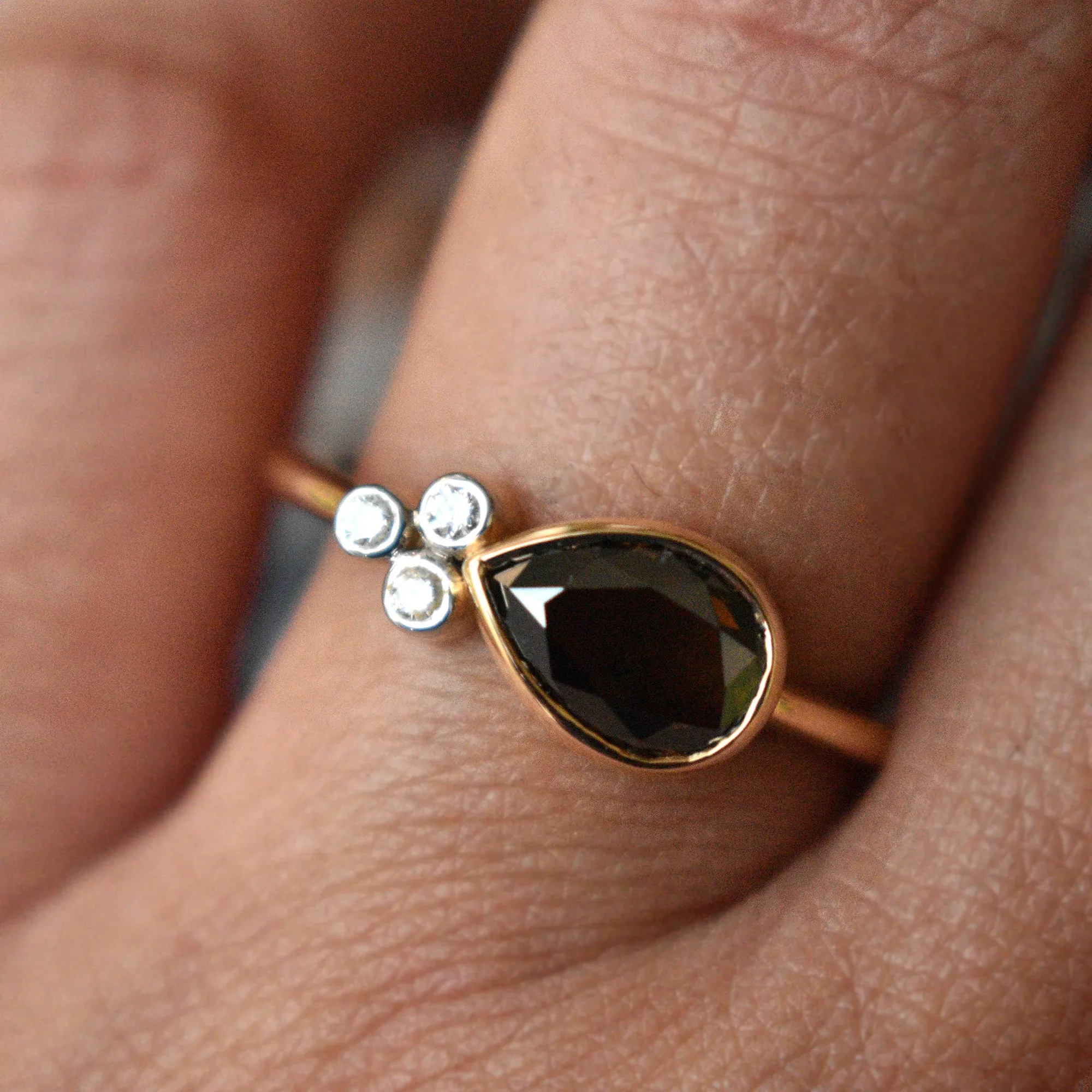 East West Brown Pear Diamond  with 3 Diamond Cluster Asymmetric Engagement Ring
