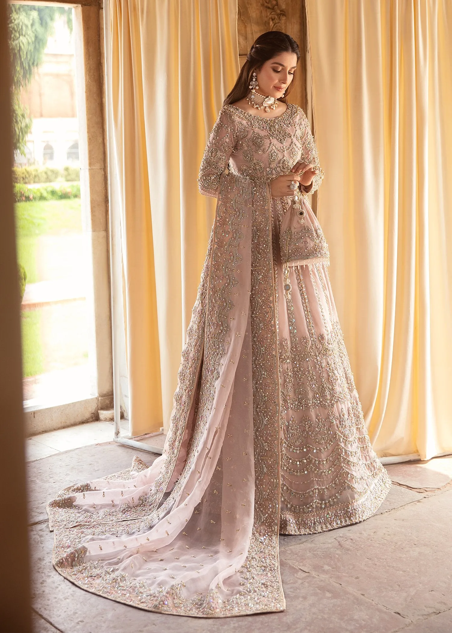 Elegant Lemonde Pink Colored Pakistani Bridal Dress in Premium Organza Fabric Lehenga Choli Dupatta Style #BS638