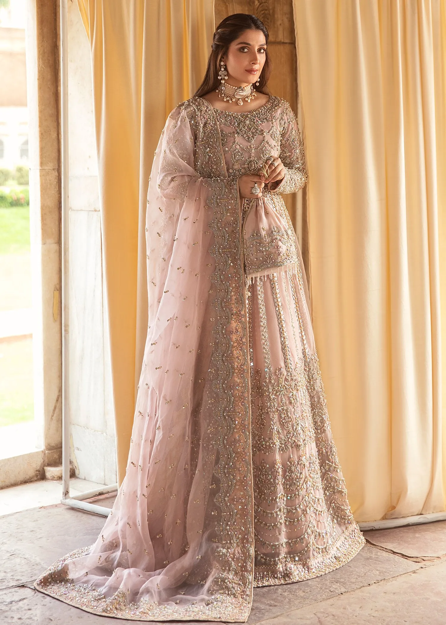 Elegant Lemonde Pink Colored Pakistani Bridal Dress in Premium Organza Fabric Lehenga Choli Dupatta Style #BS638