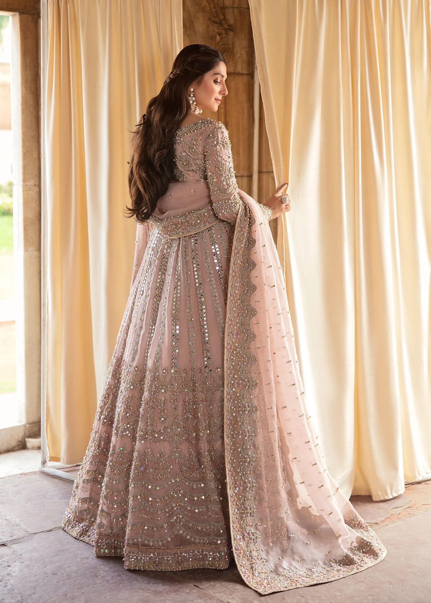 Elegant Lemonde Pink Colored Pakistani Bridal Dress in Premium Organza Fabric Lehenga Choli Dupatta Style #BS638