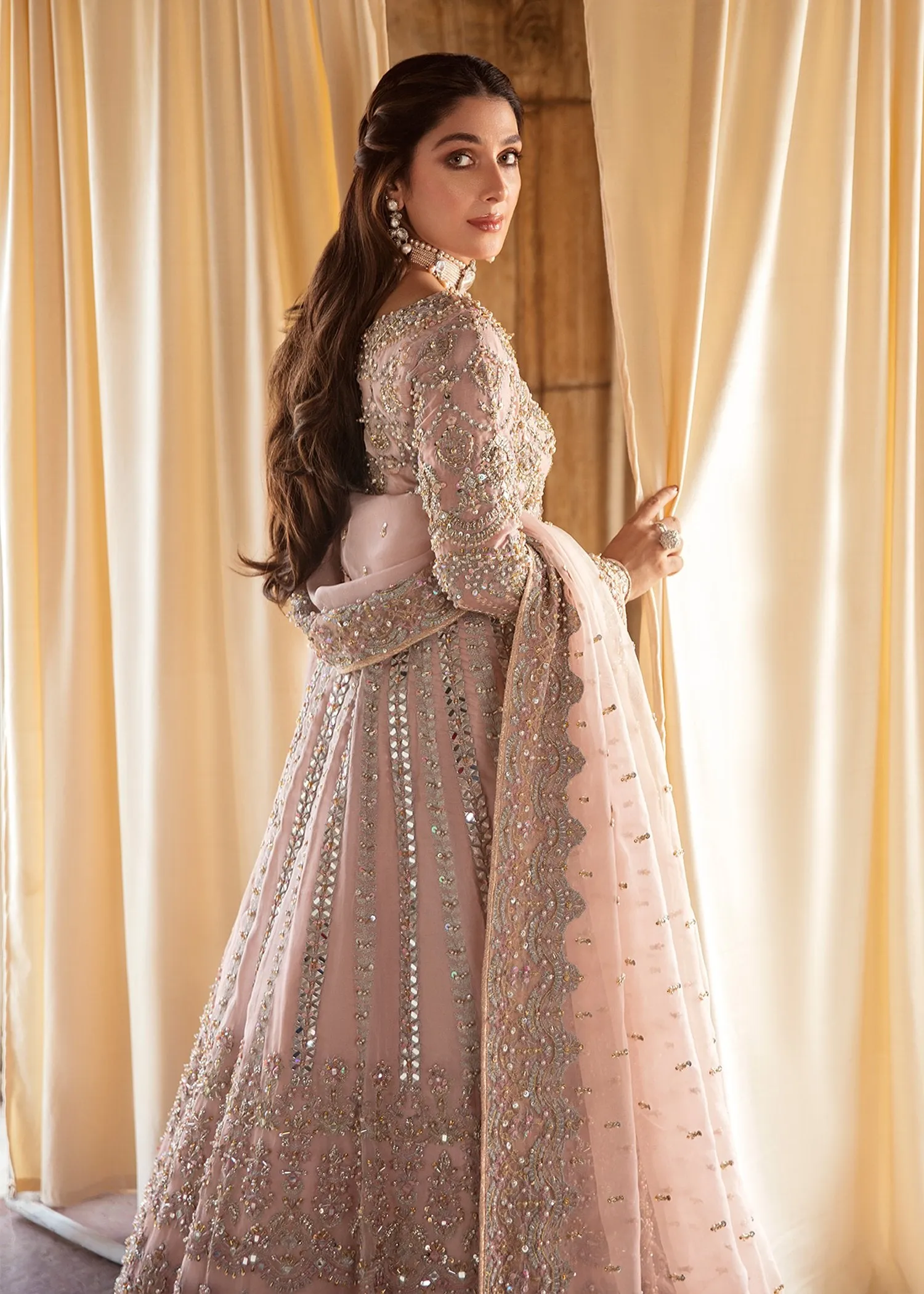 Elegant Lemonde Pink Colored Pakistani Bridal Dress in Premium Organza Fabric Lehenga Choli Dupatta Style #BS638