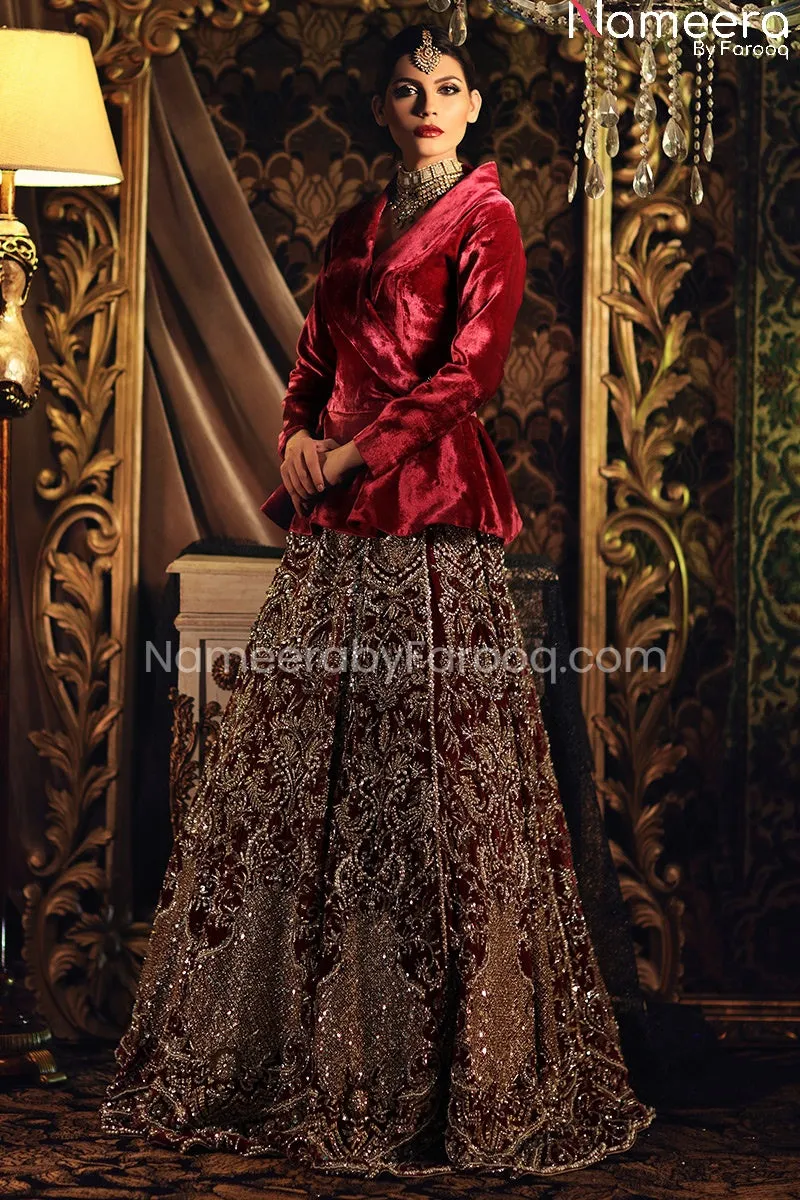 Elegant Red Velvet Bridal Lehenga with Jacket #BS154