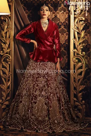 Elegant Red Velvet Bridal Lehenga with Jacket #BS154