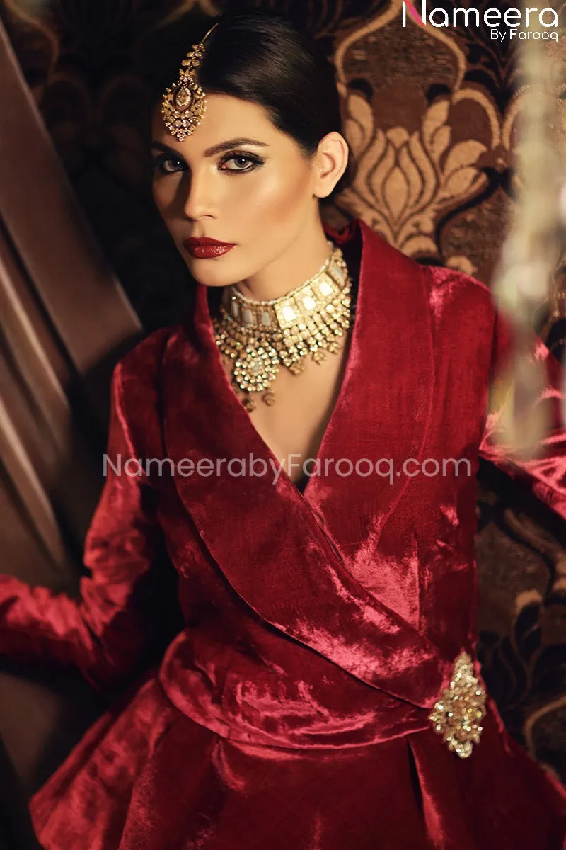 Elegant Red Velvet Bridal Lehenga with Jacket #BS154