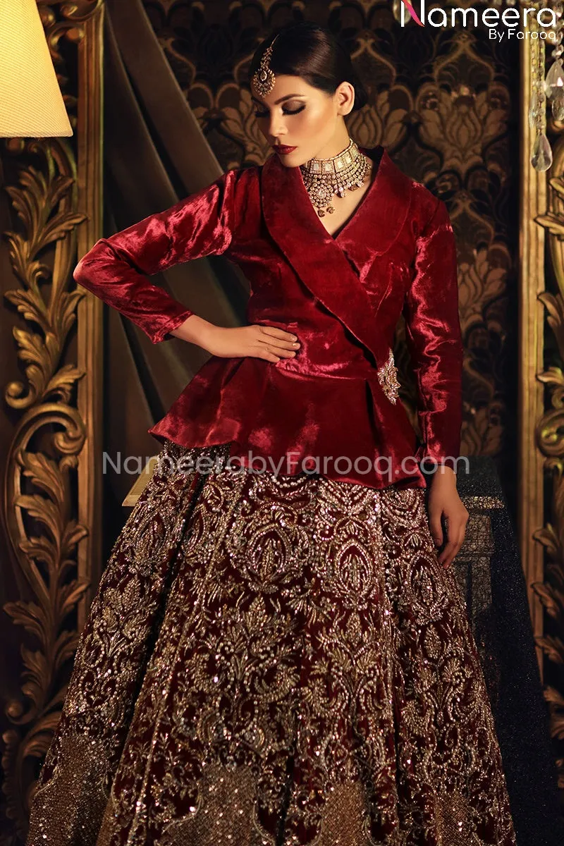 Elegant Red Velvet Bridal Lehenga with Jacket #BS154