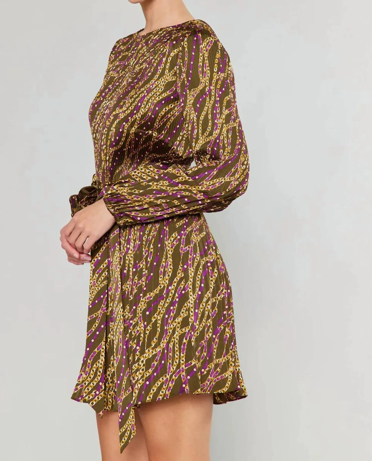 Elise Midi Pleated Dress In Olive/wine