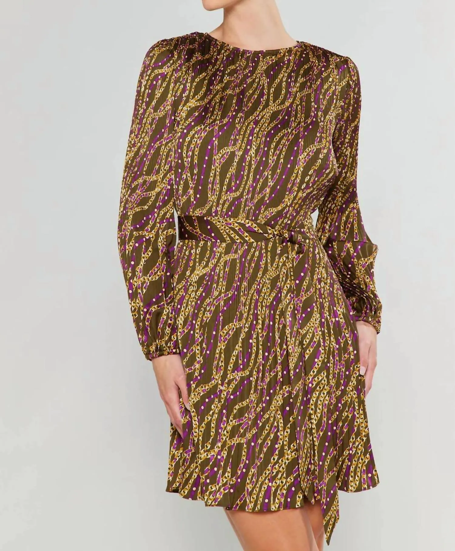 Elise Midi Pleated Dress In Olive/wine