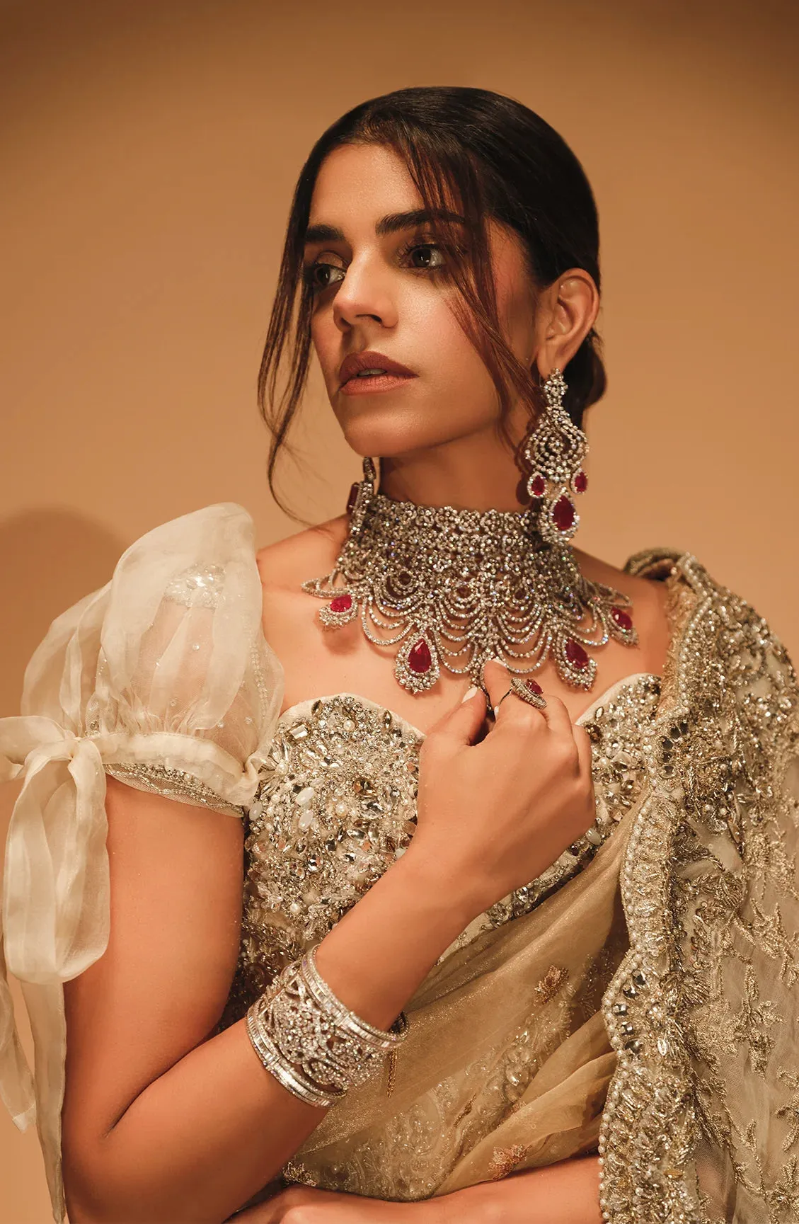 Embellished Golden Saree Style Pakistani Bridal Dress