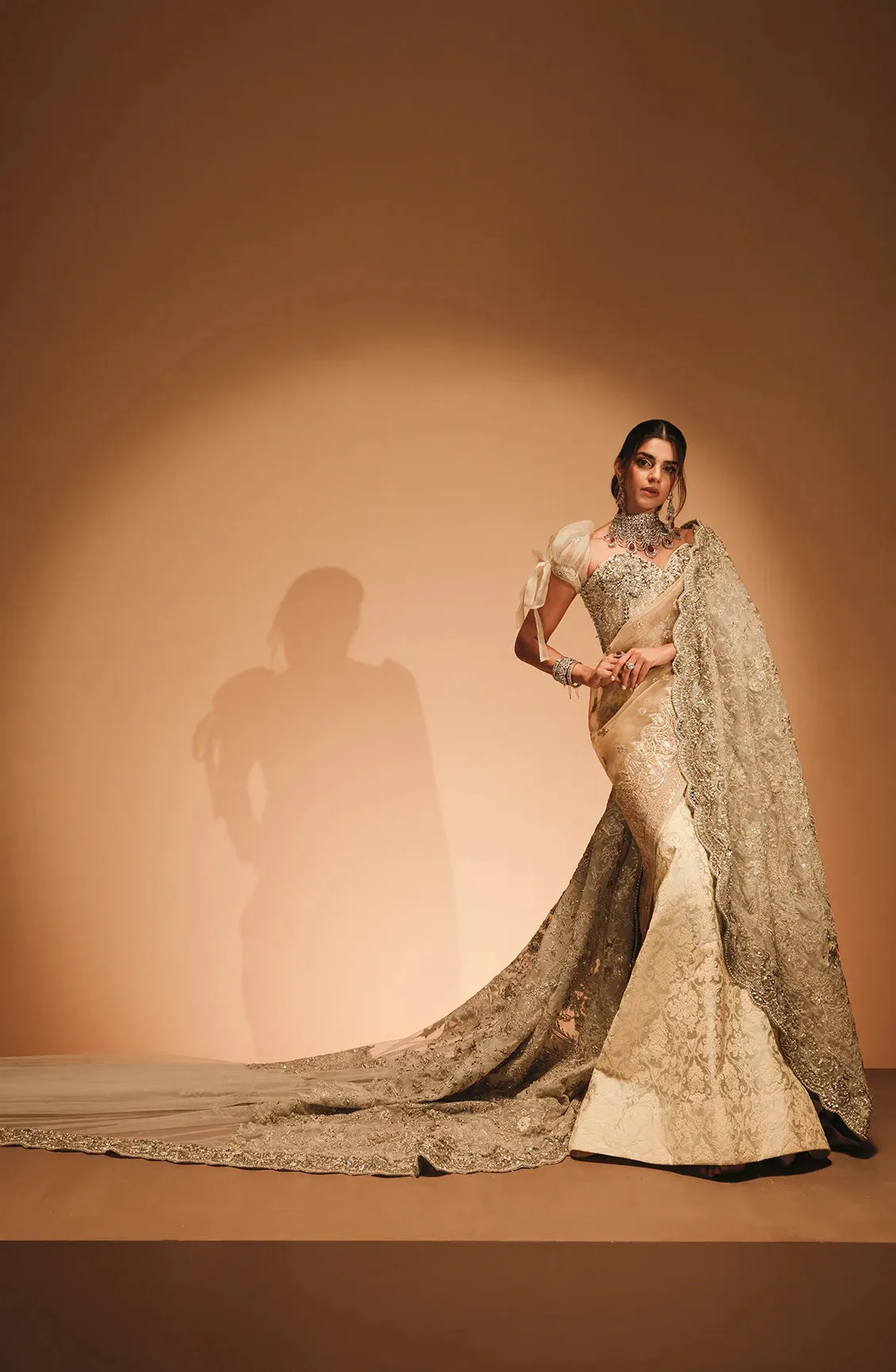 Embellished Golden Saree Style Pakistani Bridal Dress