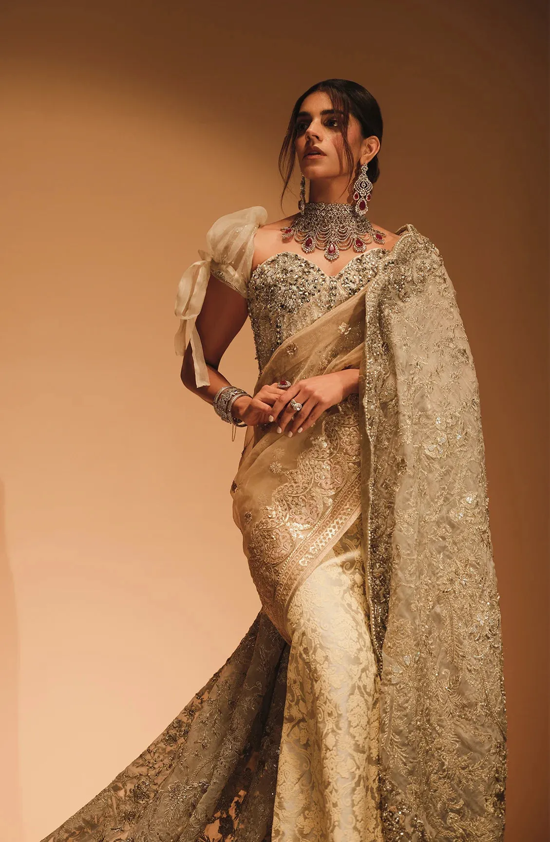 Embellished Golden Saree Style Pakistani Bridal Dress