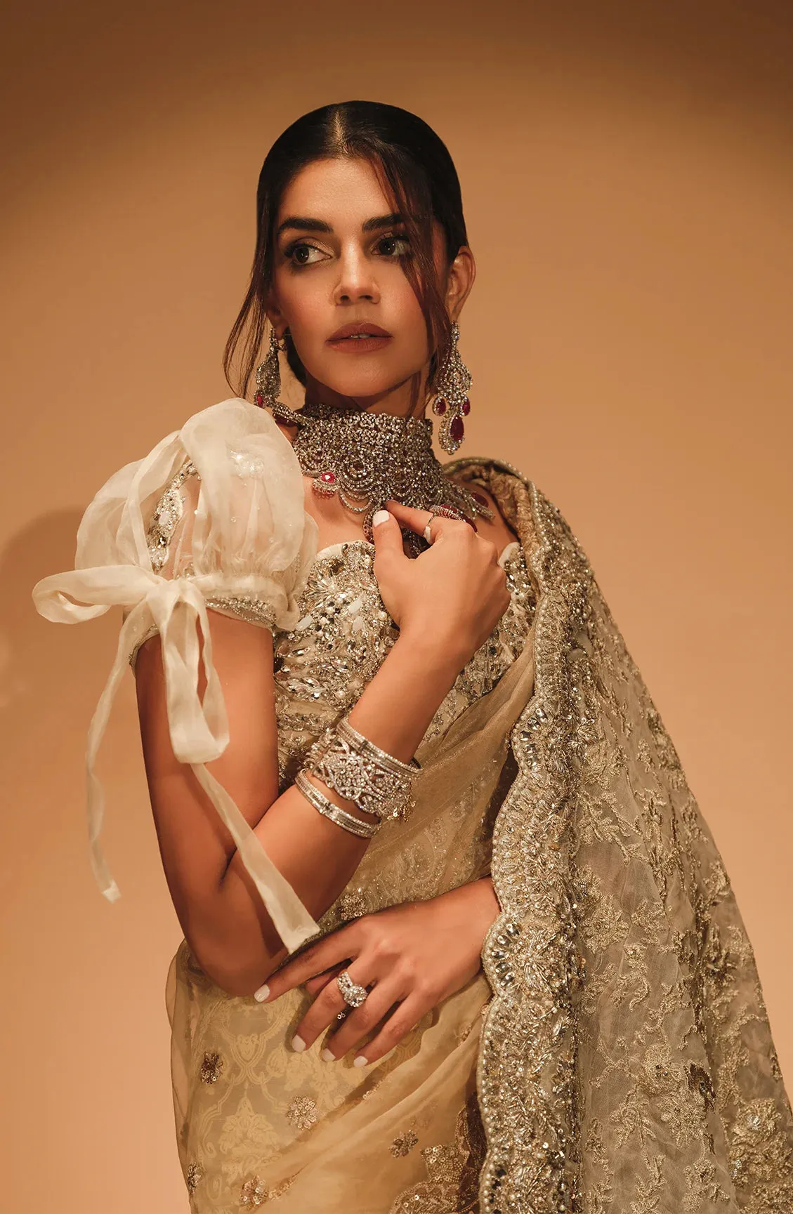 Embellished Golden Saree Style Pakistani Bridal Dress