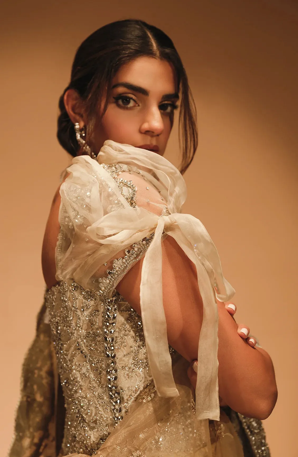 Embellished Golden Saree Style Pakistani Bridal Dress