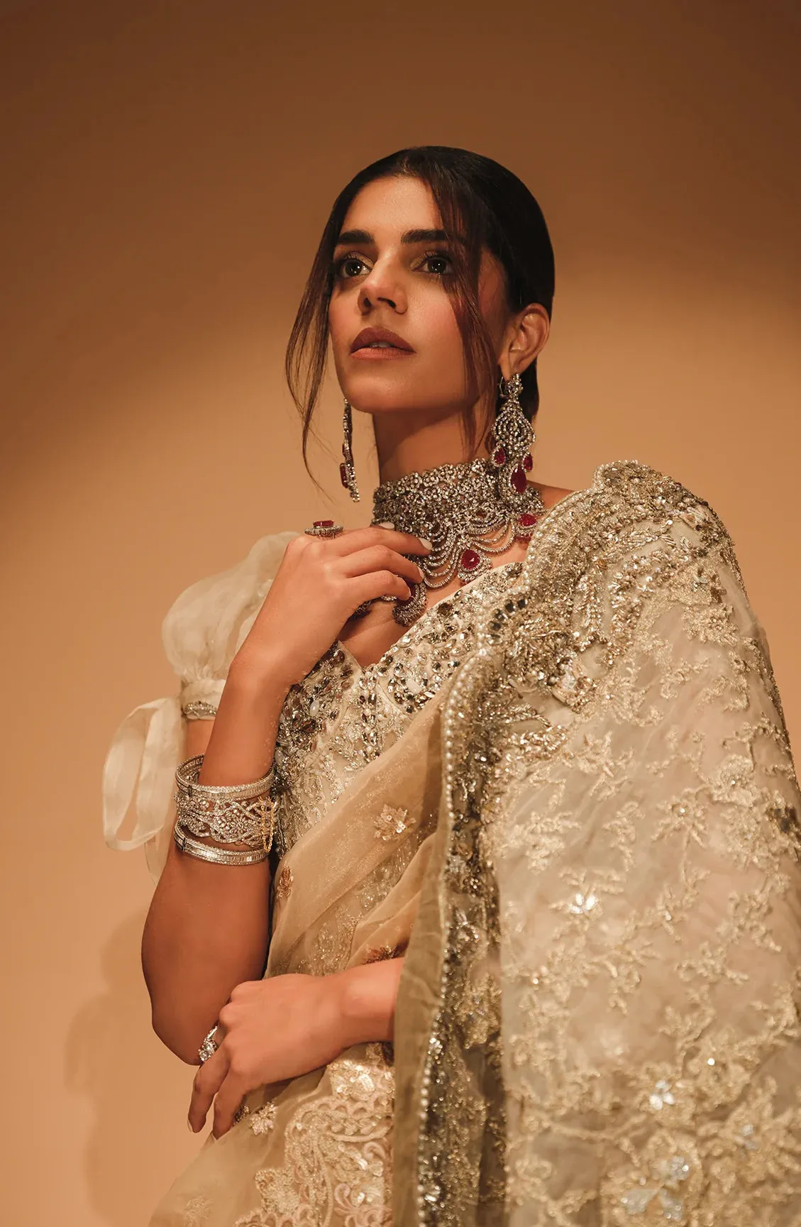 Embellished Golden Saree Style Pakistani Bridal Dress