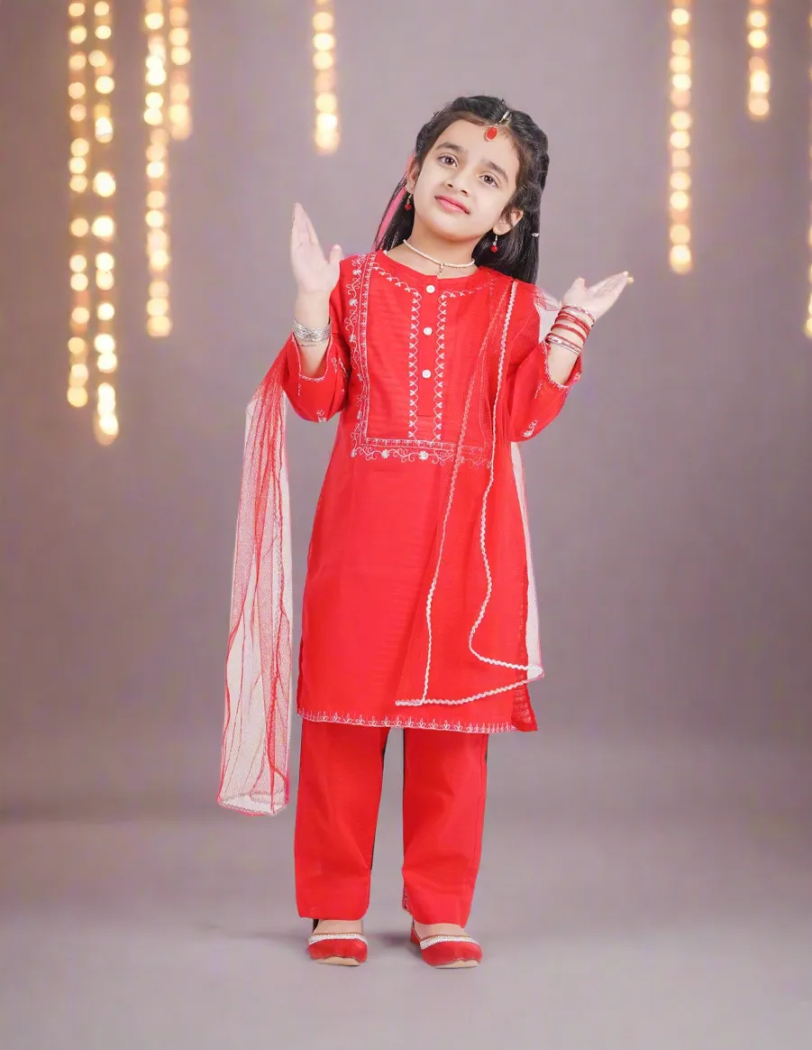 Embroidered Red Trouser Set for Girls