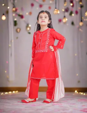 Embroidered Red Trouser Set for Girls