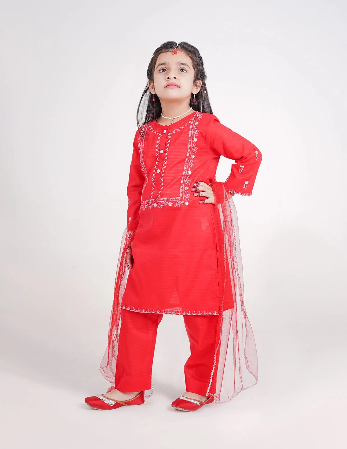 Embroidered Red Trouser Set for Girls