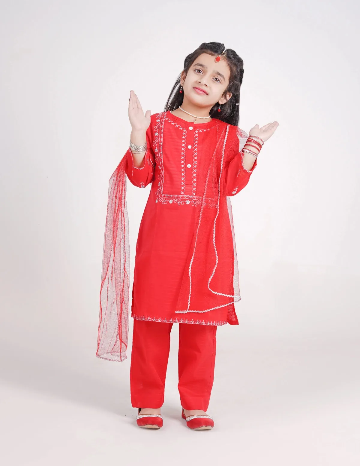 Embroidered Red Trouser Set for Girls