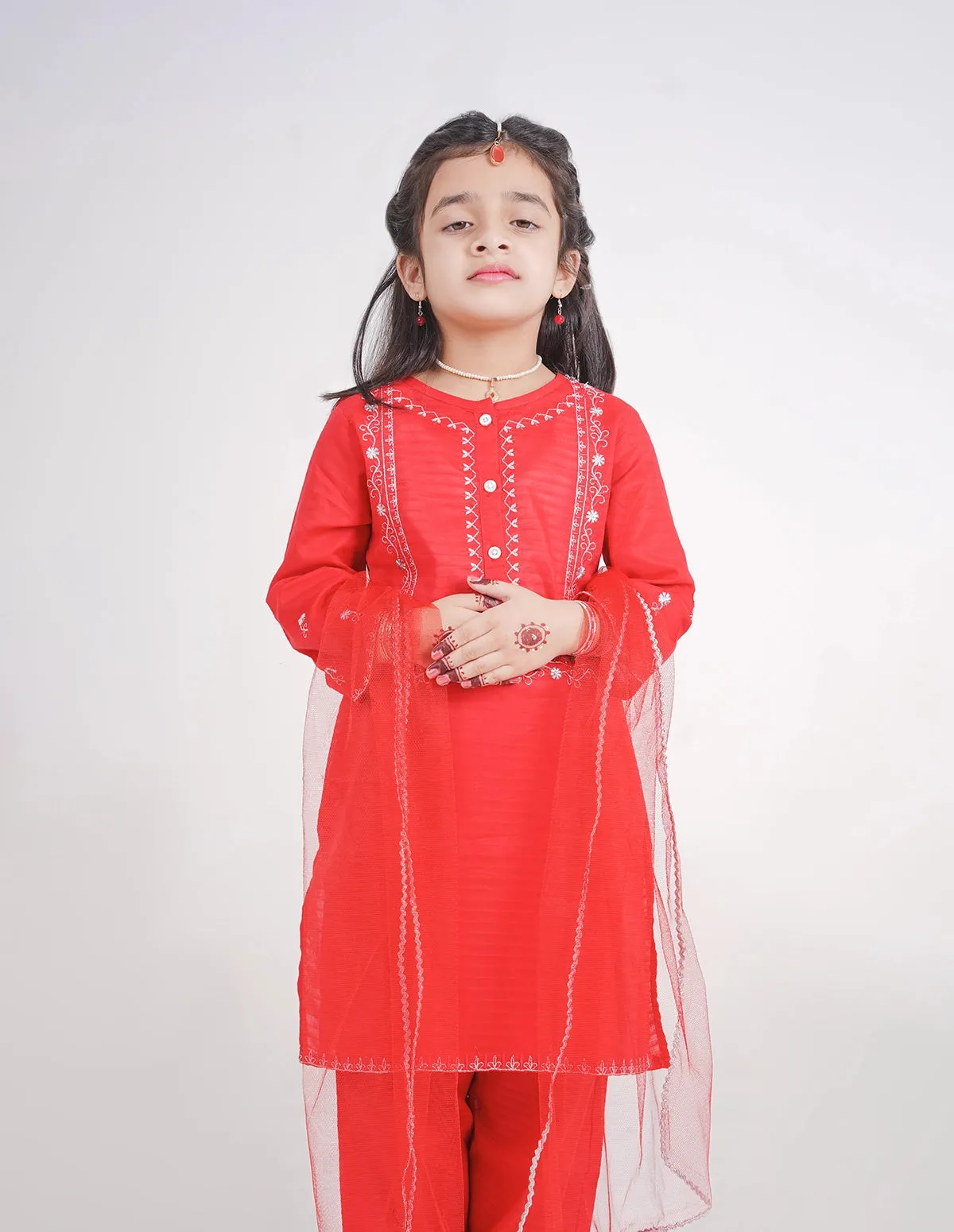 Embroidered Red Trouser Set for Girls