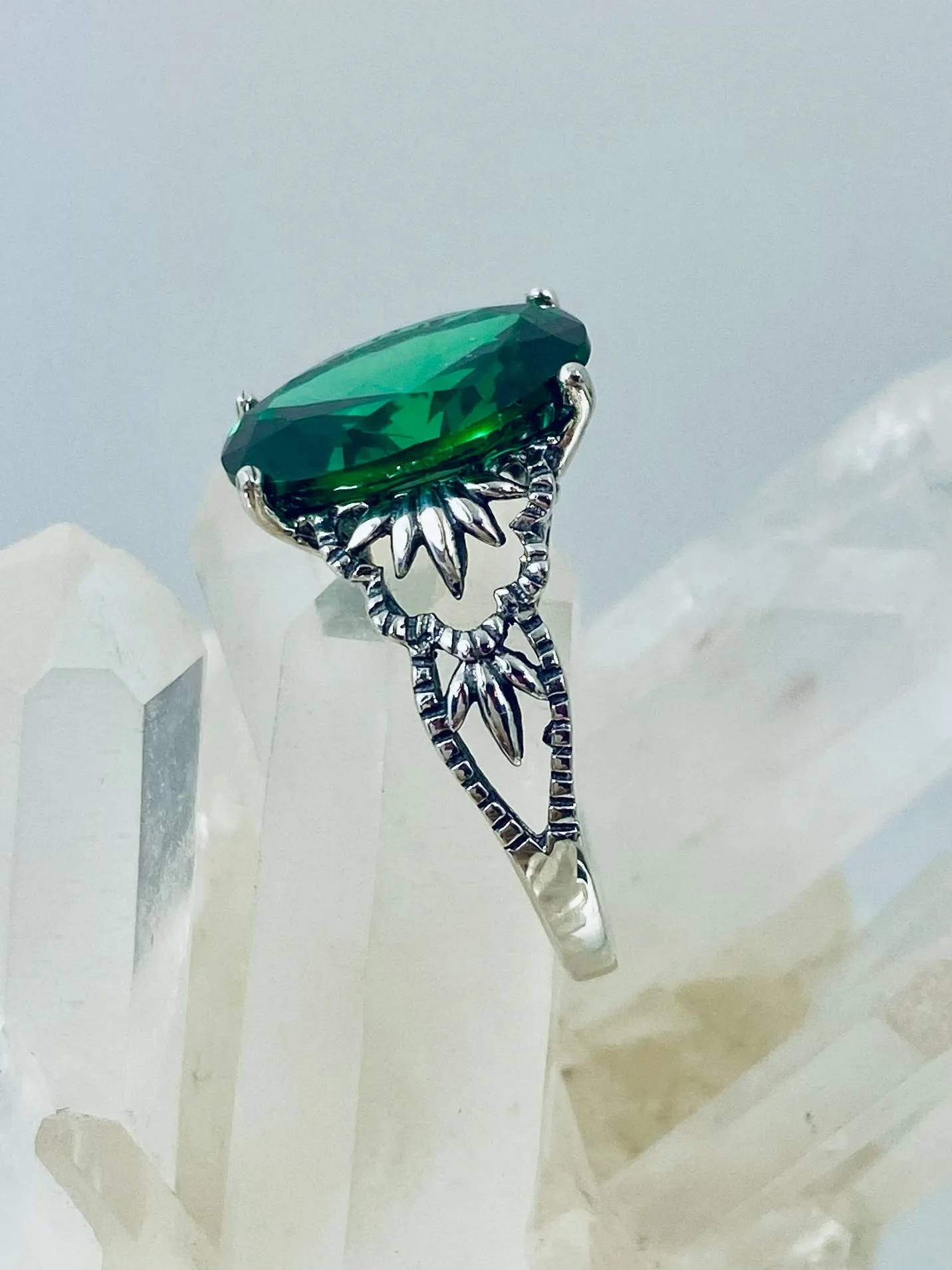 Emerald CZ Ring, Sterling Silver Filigree, Victorian Gothic Jewelry, Ace D92
