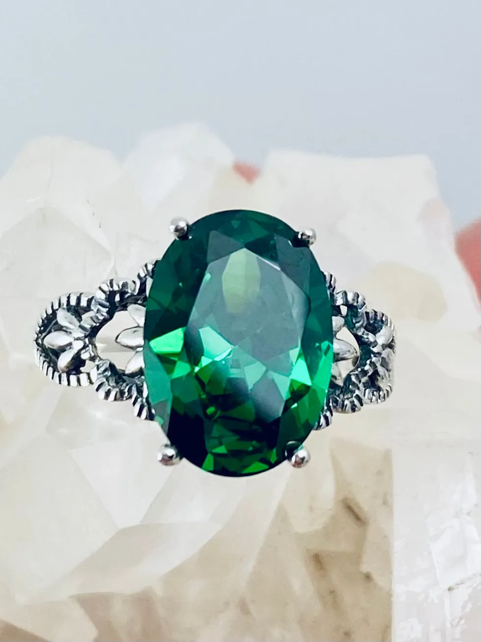 Emerald CZ Ring, Sterling Silver Filigree, Victorian Gothic Jewelry, Ace D92