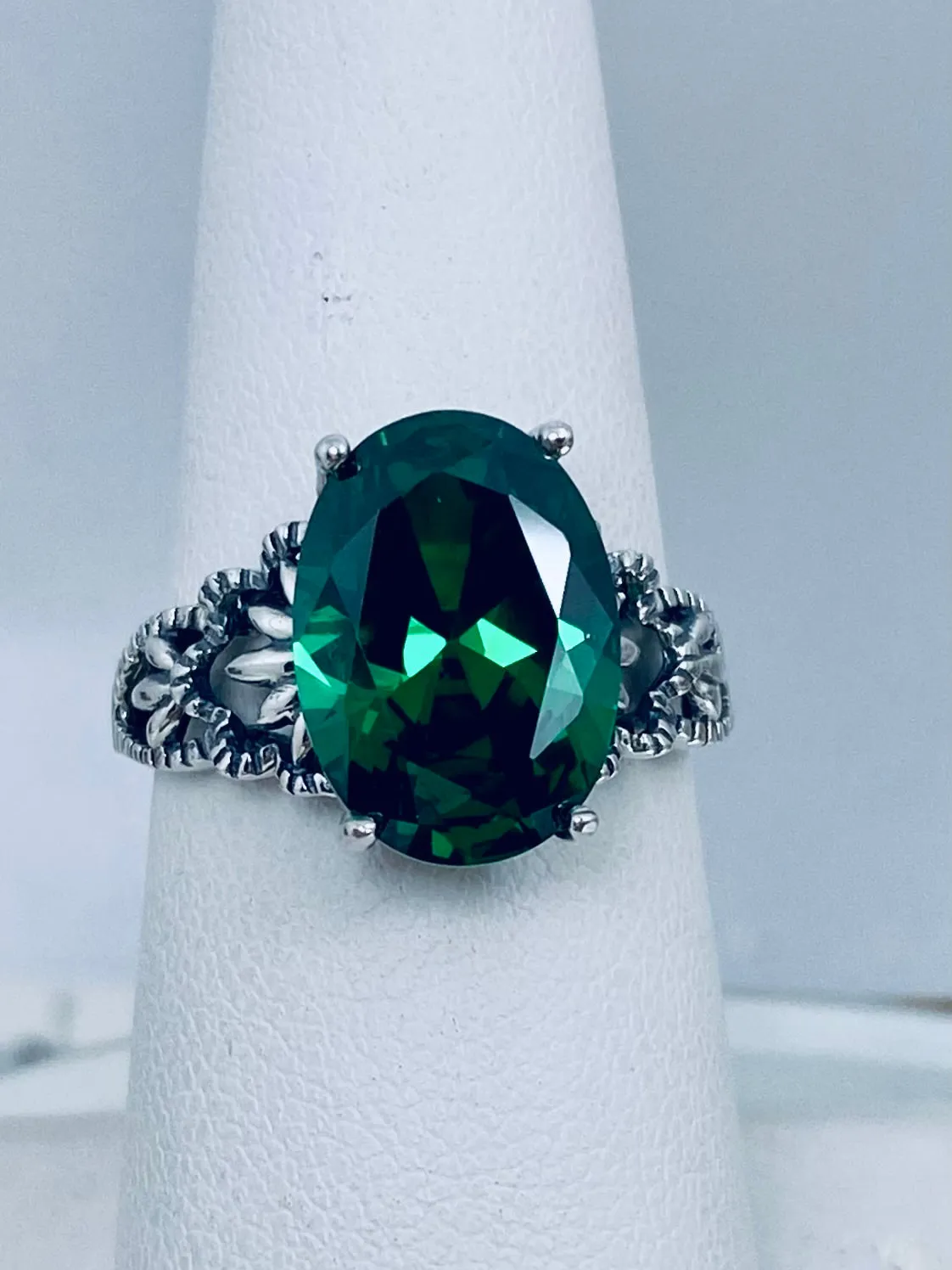 Emerald CZ Ring, Sterling Silver Filigree, Victorian Gothic Jewelry, Ace D92