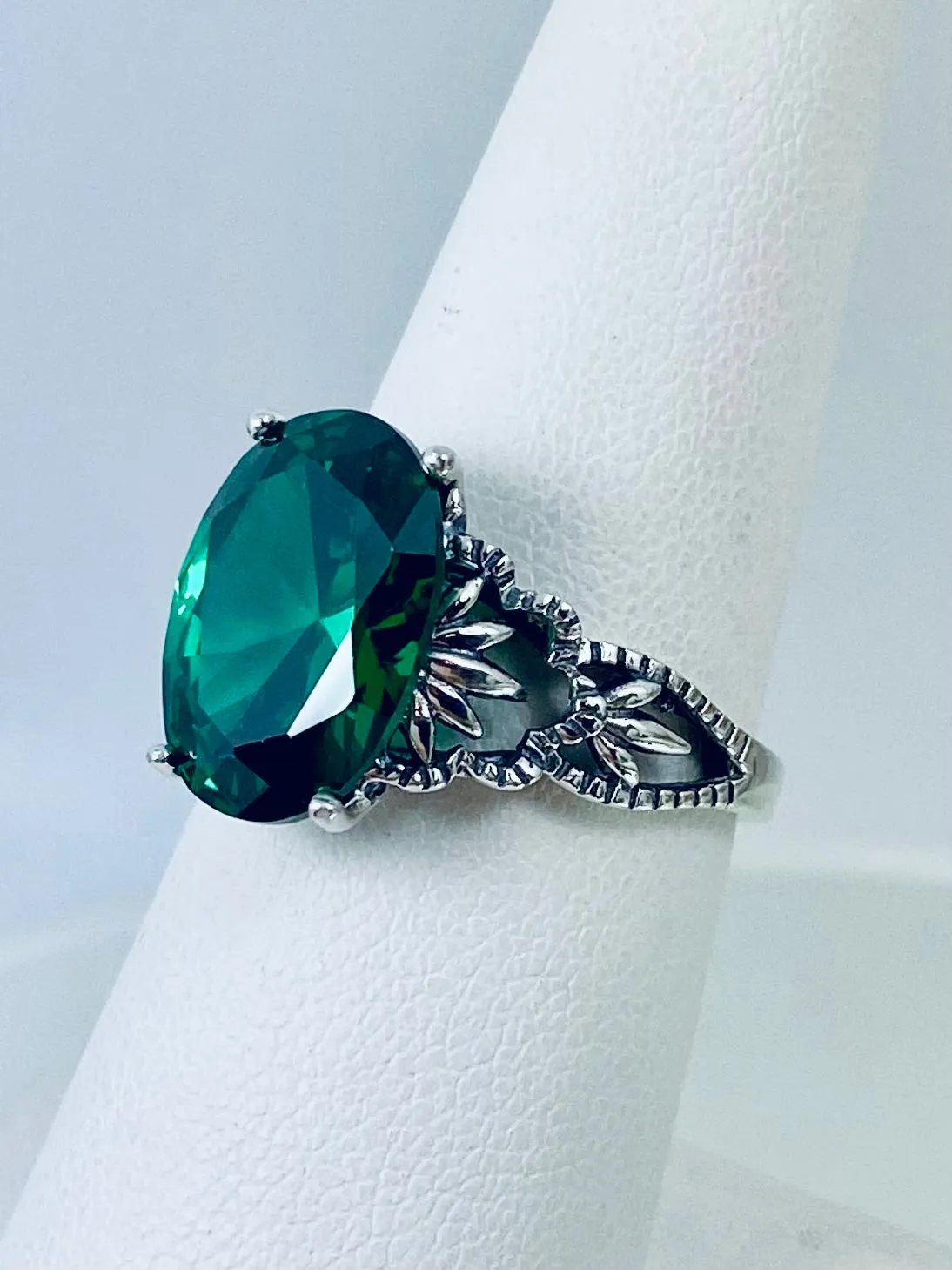 Emerald CZ Ring, Sterling Silver Filigree, Victorian Gothic Jewelry, Ace D92