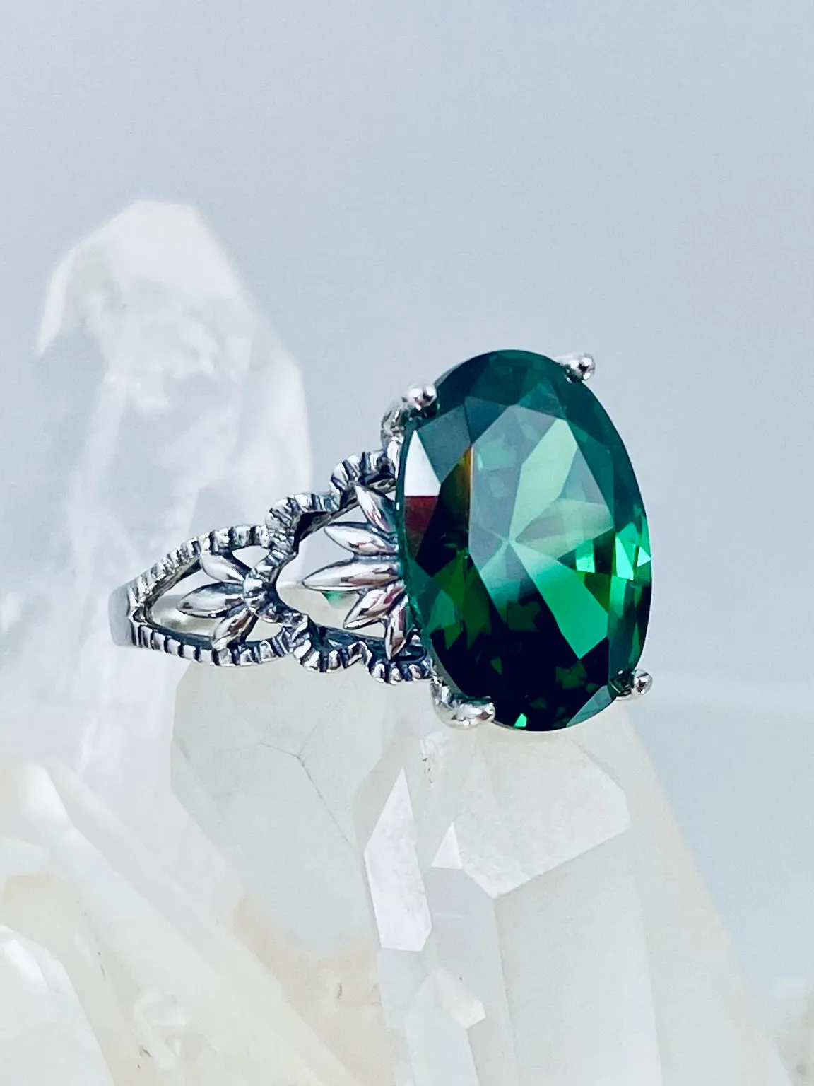 Emerald CZ Ring, Sterling Silver Filigree, Victorian Gothic Jewelry, Ace D92