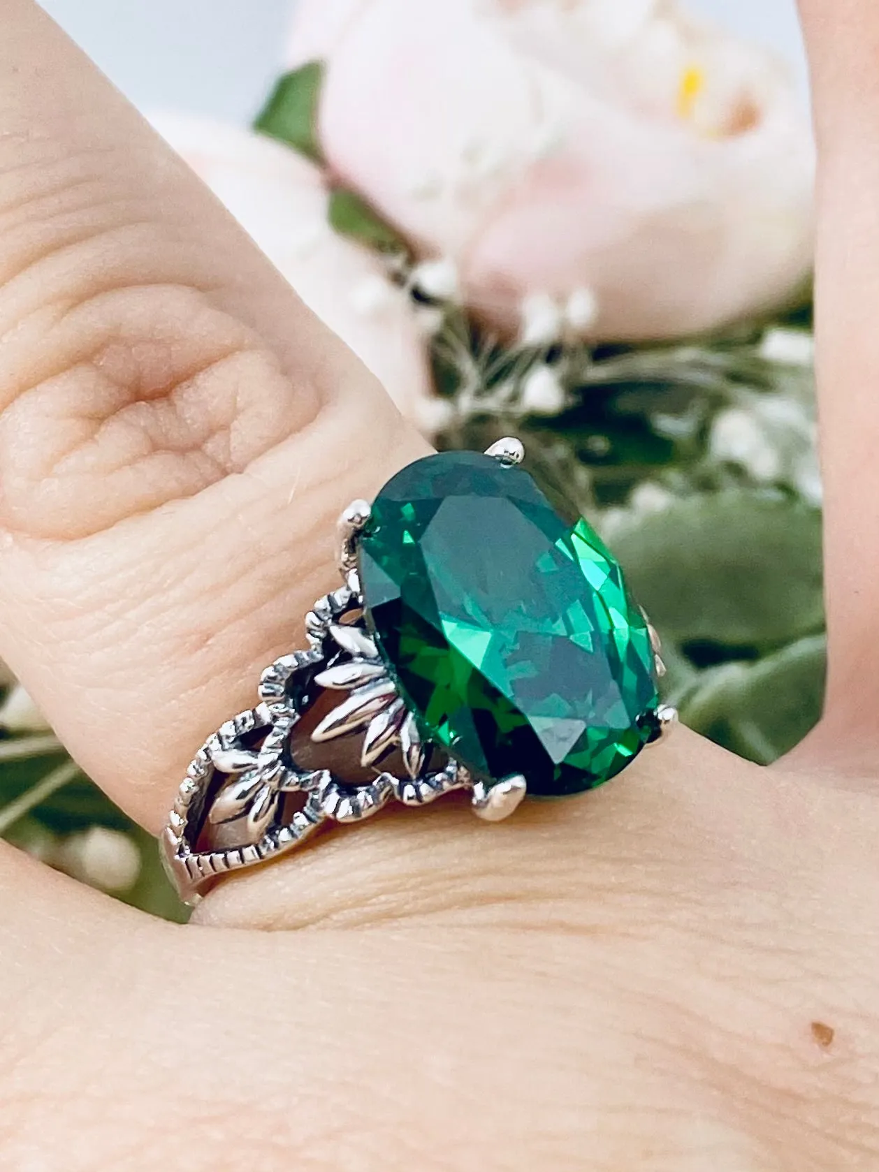 Emerald CZ Ring, Sterling Silver Filigree, Victorian Gothic Jewelry, Ace D92