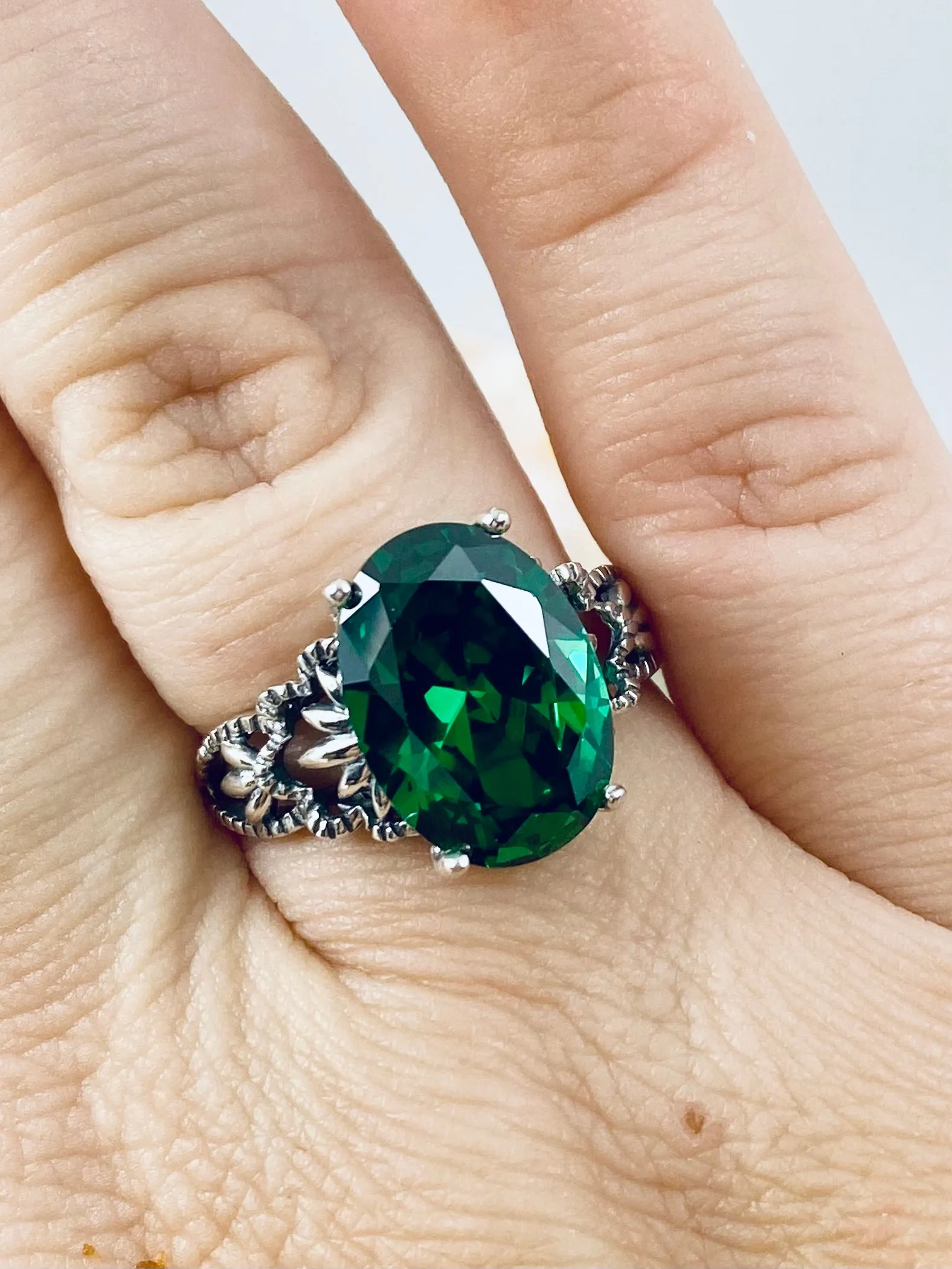 Emerald CZ Ring, Sterling Silver Filigree, Victorian Gothic Jewelry, Ace D92