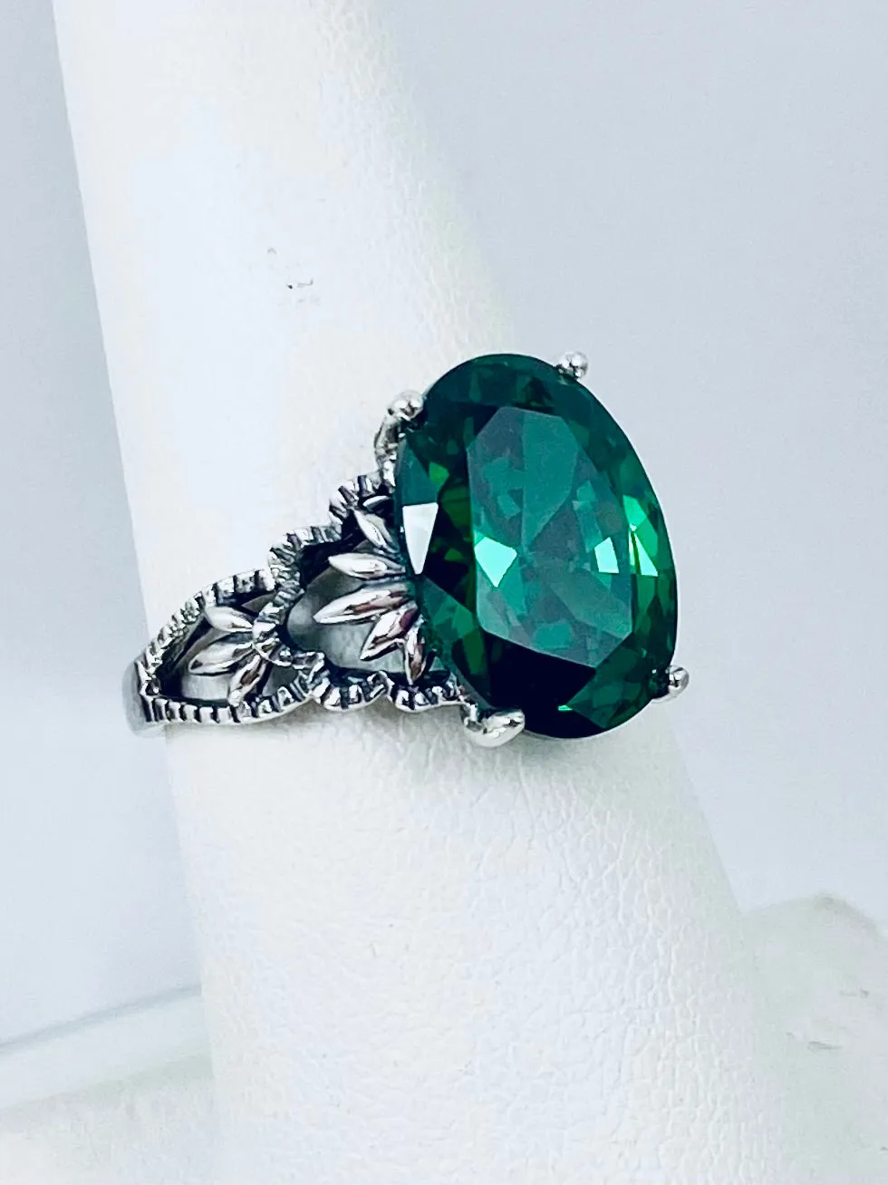 Emerald CZ Ring, Sterling Silver Filigree, Victorian Gothic Jewelry, Ace D92