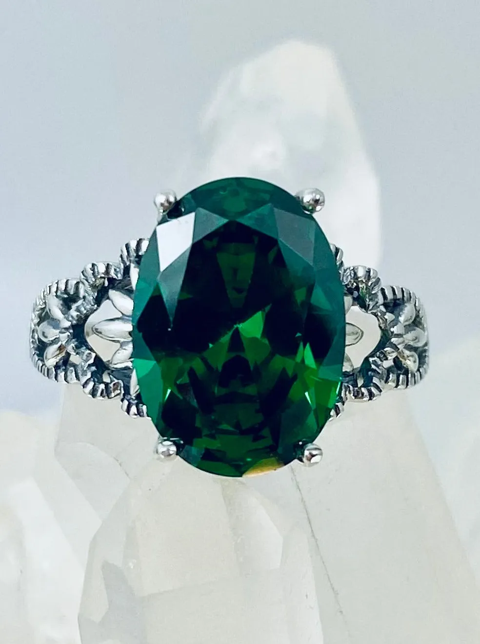Emerald CZ Ring, Sterling Silver Filigree, Victorian Gothic Jewelry, Ace D92