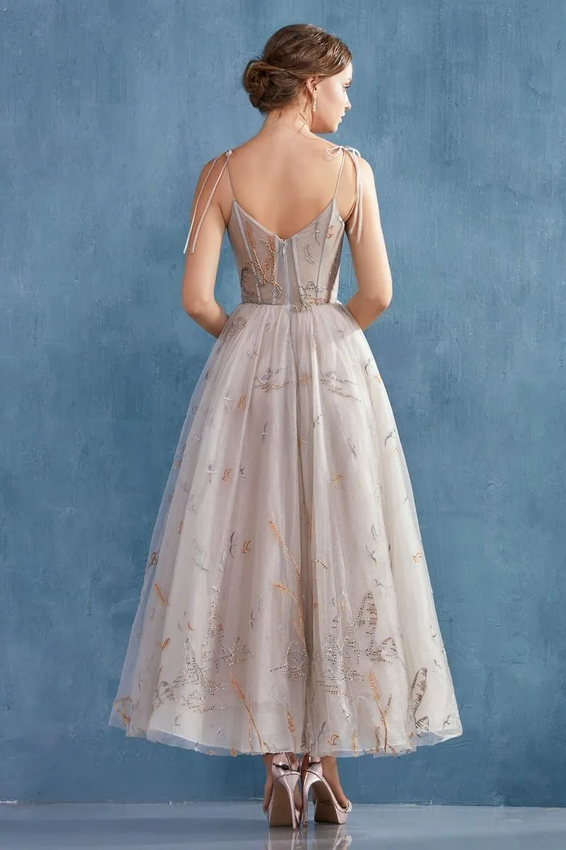 Emilia Lake Birds Embroidered Tea Length Dress
