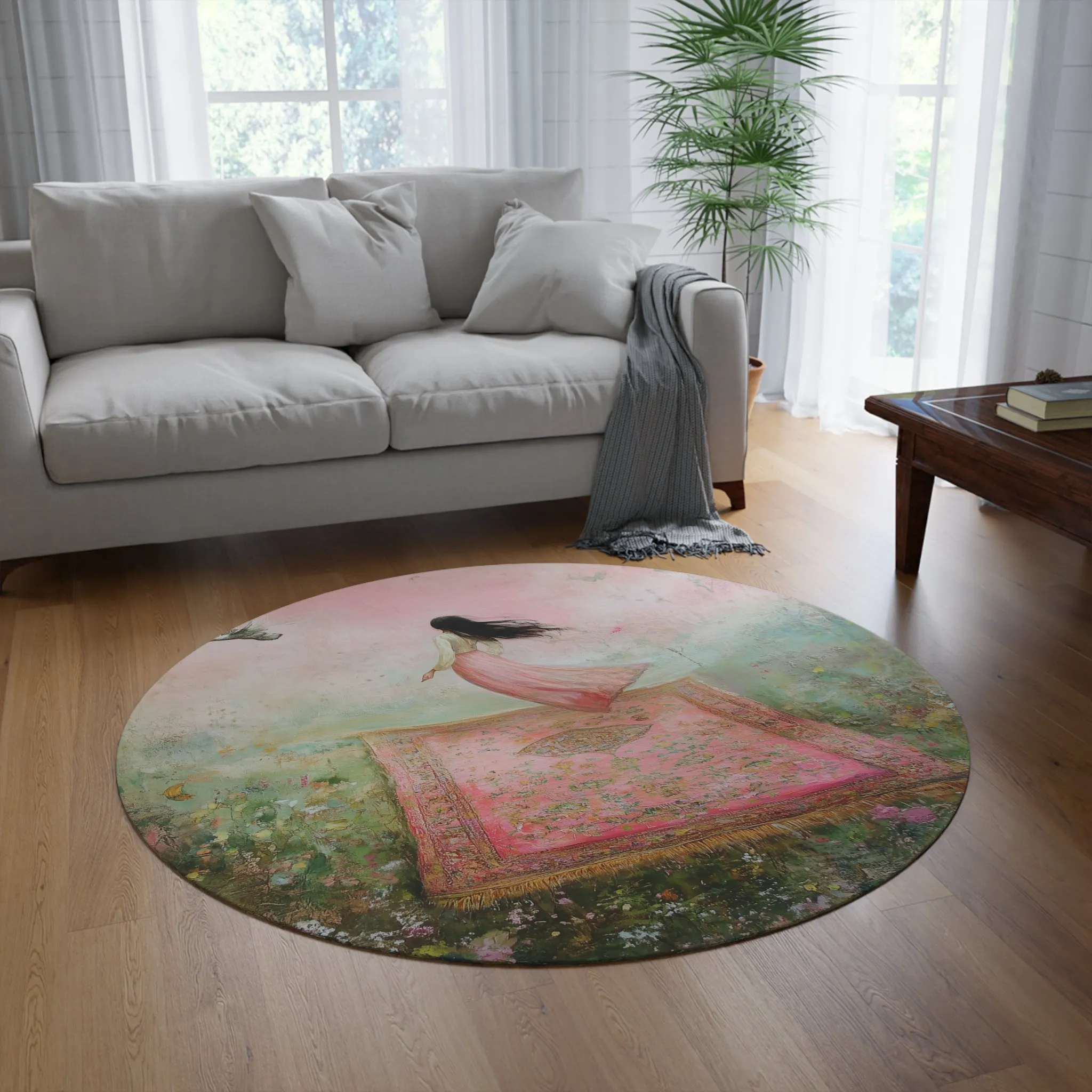 Enchanted Pink Floral Round Rug