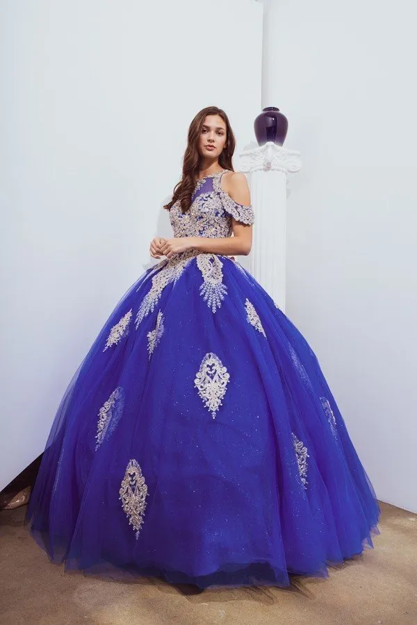 Eureka 9088 Cold-Shoulder Ball Gown with Cut-Out Back