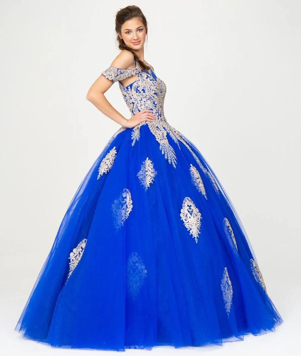 Eureka 9088 Cold-Shoulder Ball Gown with Cut-Out Back