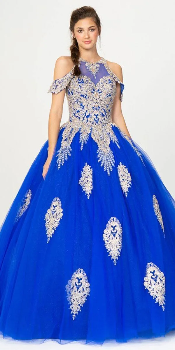 Eureka 9088 Cold-Shoulder Ball Gown with Cut-Out Back