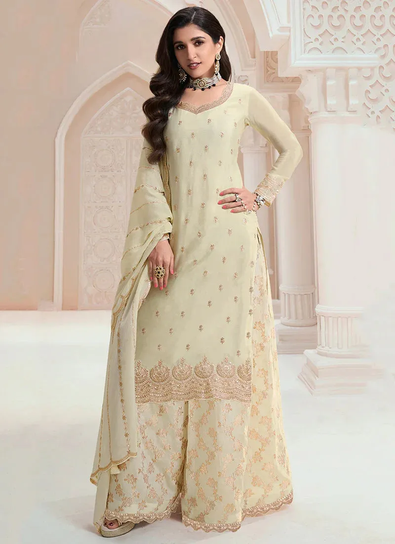 Exquisite Embroidered Off White Palazzo Suit