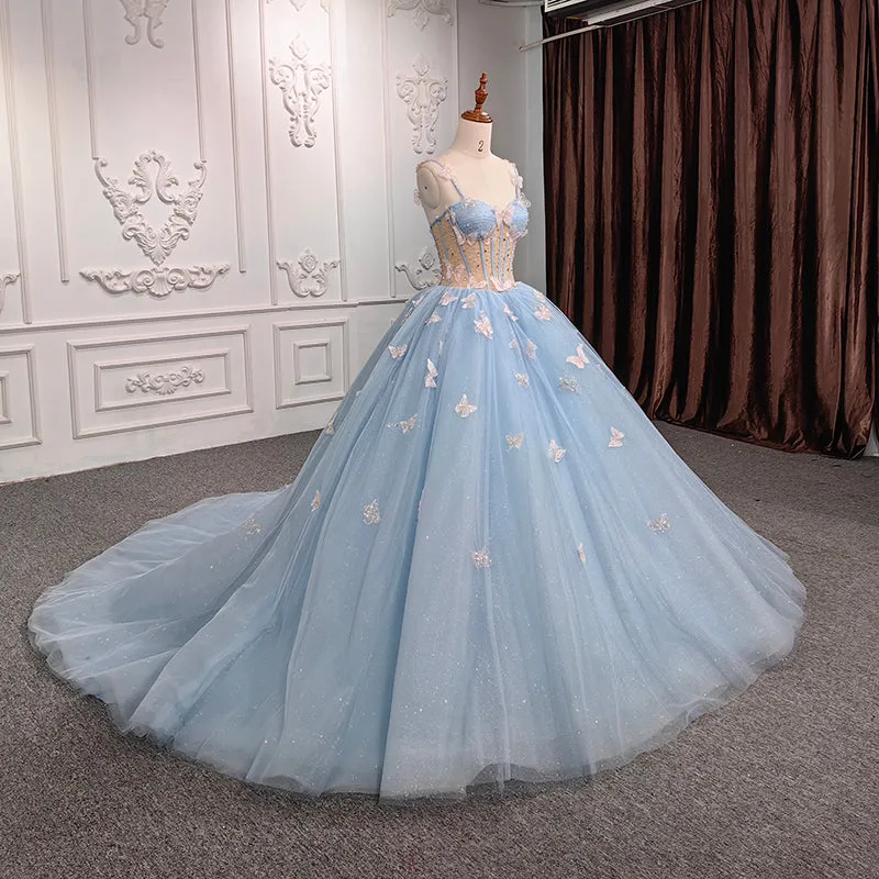 Exquisite Quinceanera Dresses Spaghetti Straps Beading Evening Party Dresses with 3D Butterfly Appliques