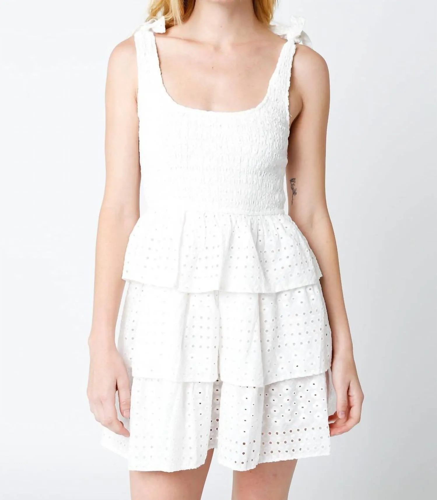 Eyelet Ruffle Dress In White