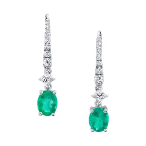 Faceted Emerald Oval and Diamond Line, White Gold Elongated Drop Earrings