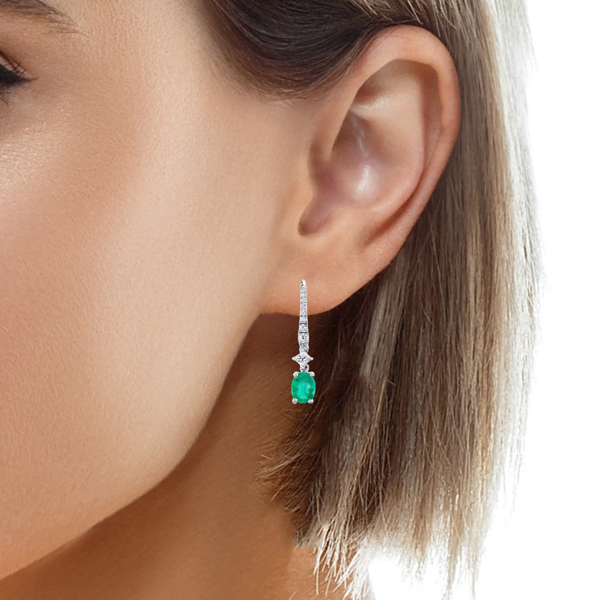Faceted Emerald Oval and Diamond Line, White Gold Elongated Drop Earrings