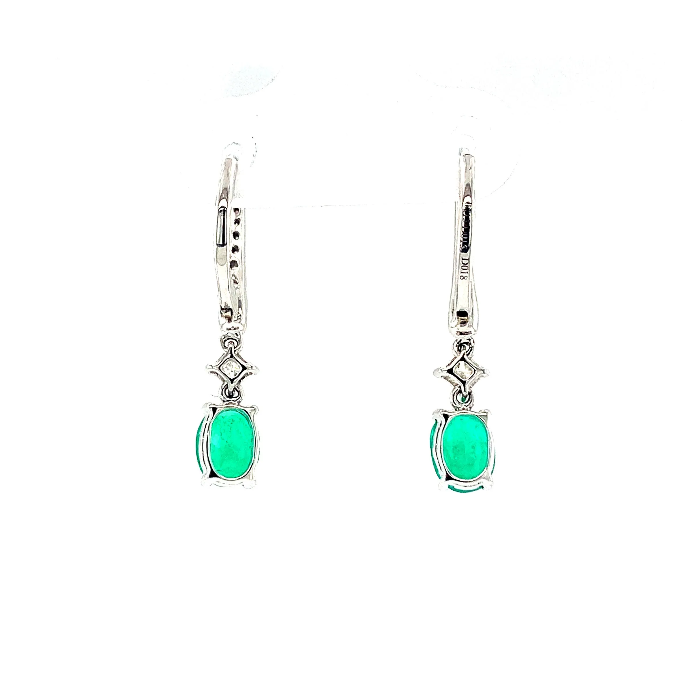 Faceted Emerald Oval and Diamond Line, White Gold Elongated Drop Earrings