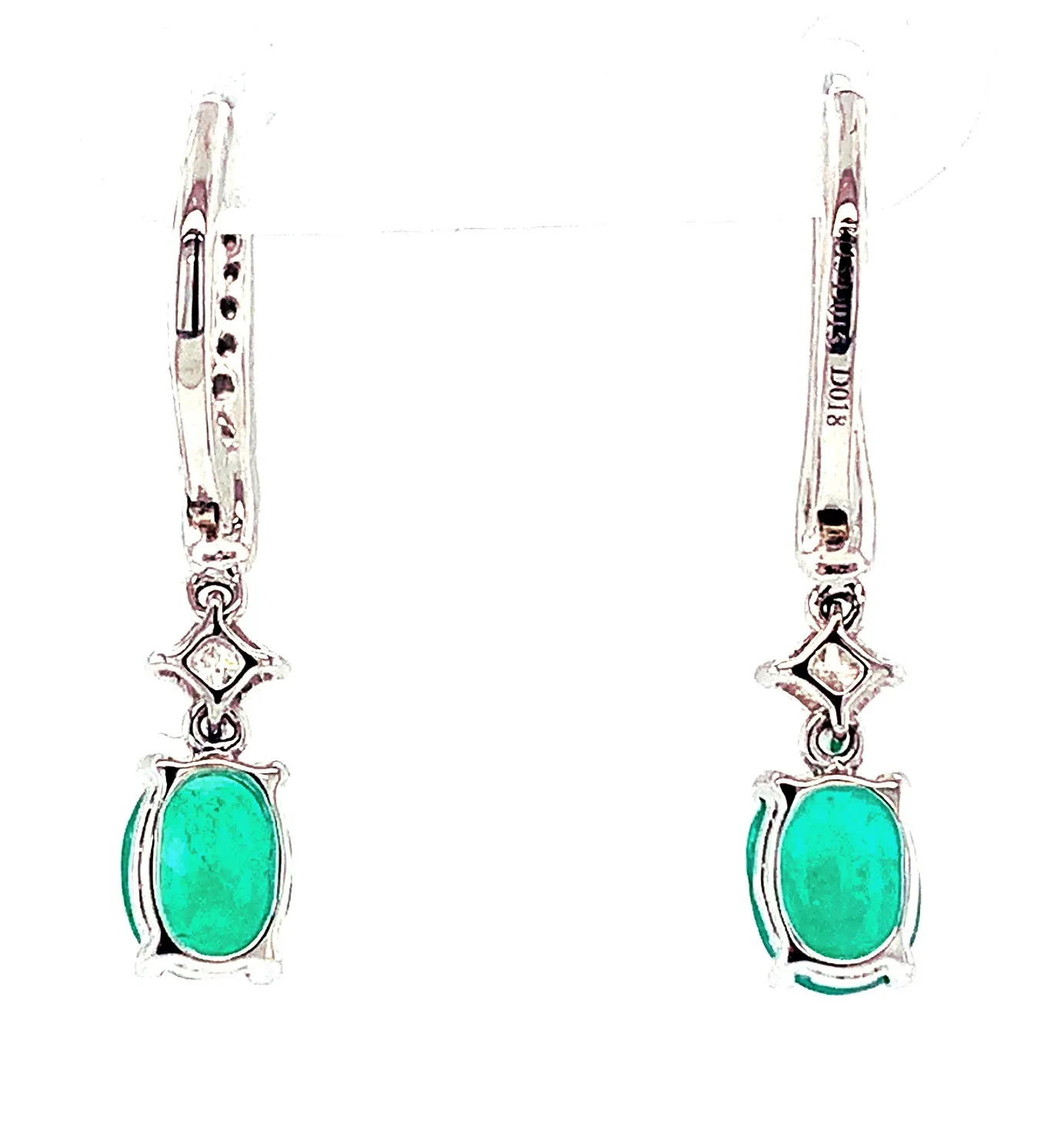 Faceted Emerald Oval and Diamond Line, White Gold Elongated Drop Earrings